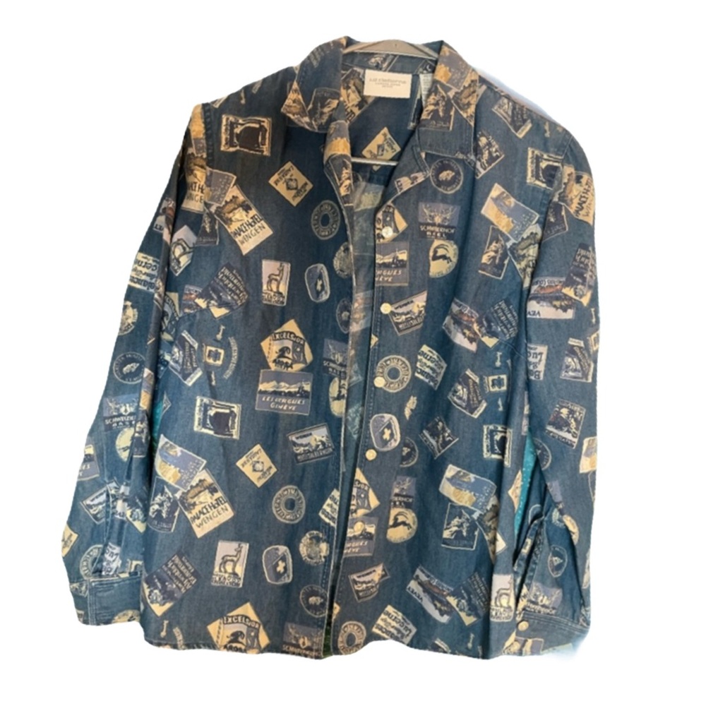 Vintage Liz Claiborne Travel Stamp Print Button down long sleeve  denim shirt SP